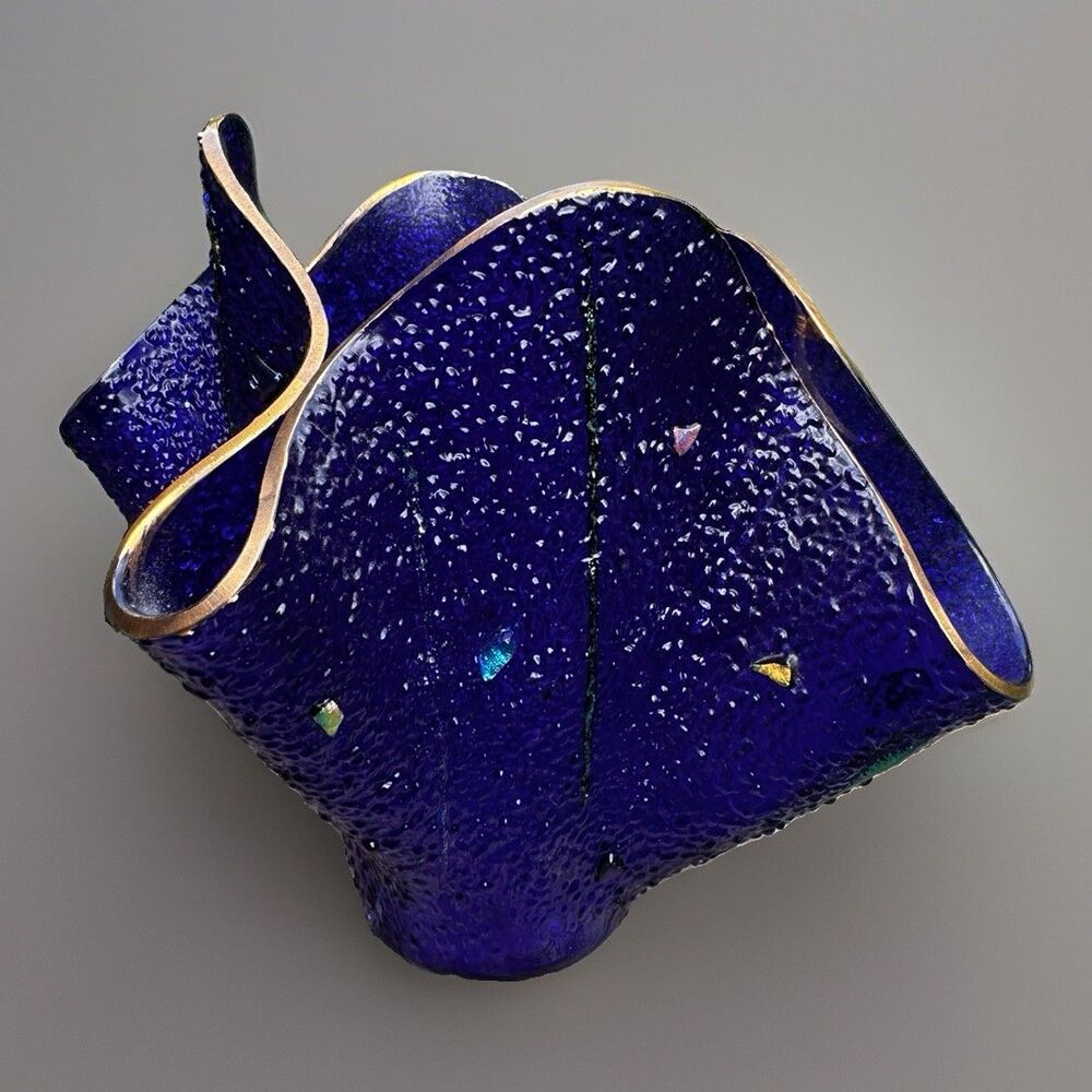 Vintage Nason Murano Fazzoletto Handkerchief Vase Cobalt Gold Aventurine 7x9”